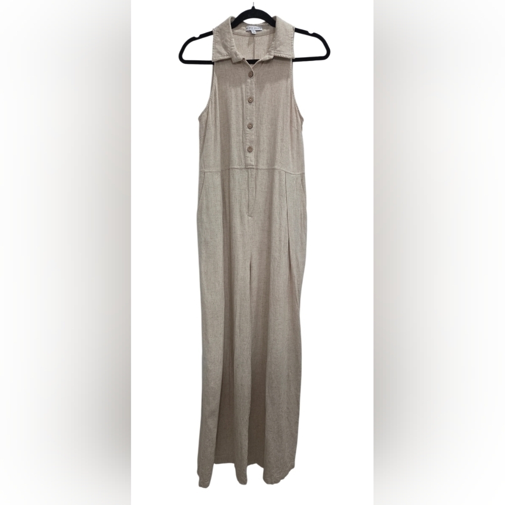 Miou Muse Linen Blend Sleeveless Oatmeal Wide Leg Jumpsuit, Med